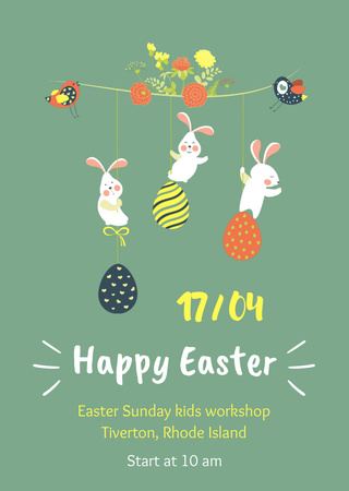 Template di design Annuncio di Pasqua con coniglietti divertenti e uova dipinte Flyer A6