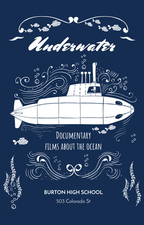 Designvorlage Unterwasser-Dokumentarfilm-Promo mit Submarine für Invitation 4.6x7.2in