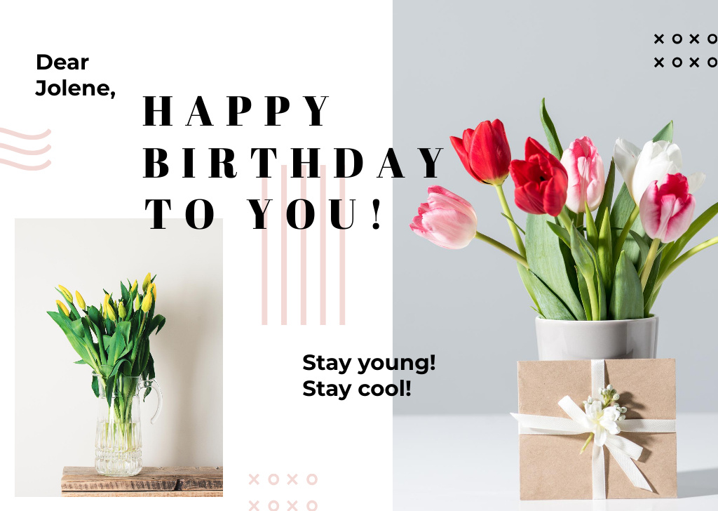 Birthday Greeting Pink Flowers in Vases Card Design Template