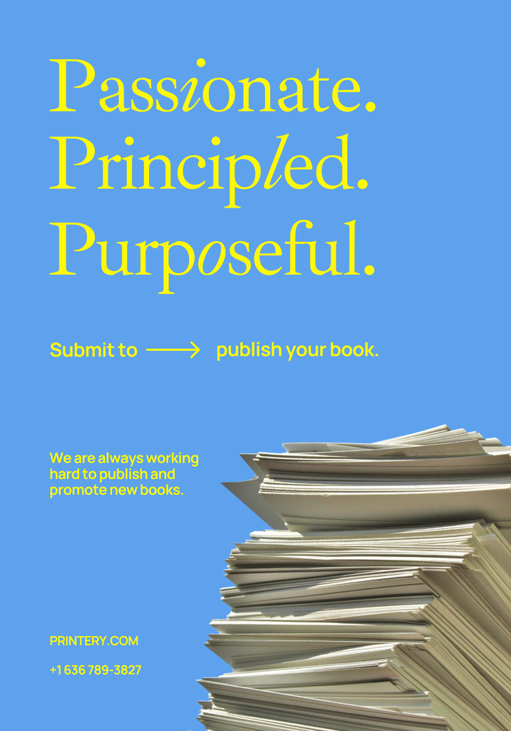 Books Publishing Proposition with Stack of Paper Sheets on Blue Poster 28x40in Tasarım Şablonu