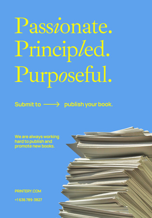 Books Publishing Proposition with Stack of Paper Sheets on Blue Poster 28x40inデザインテンプレート