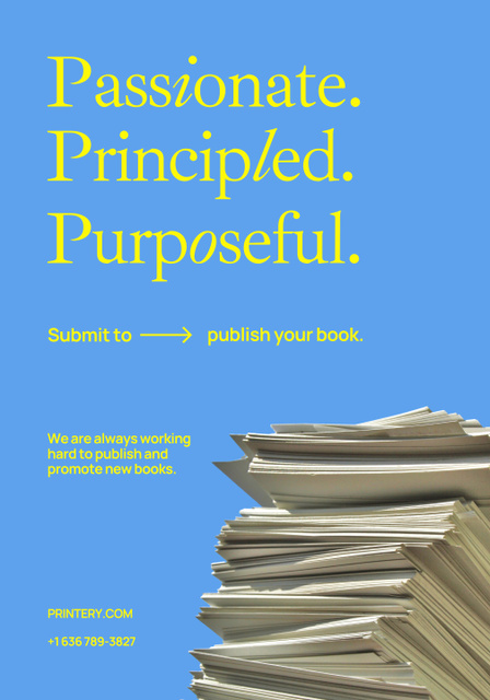 Books Publishing Proposition with Stack of Paper Sheets on Blue Poster 28x40in Design Template