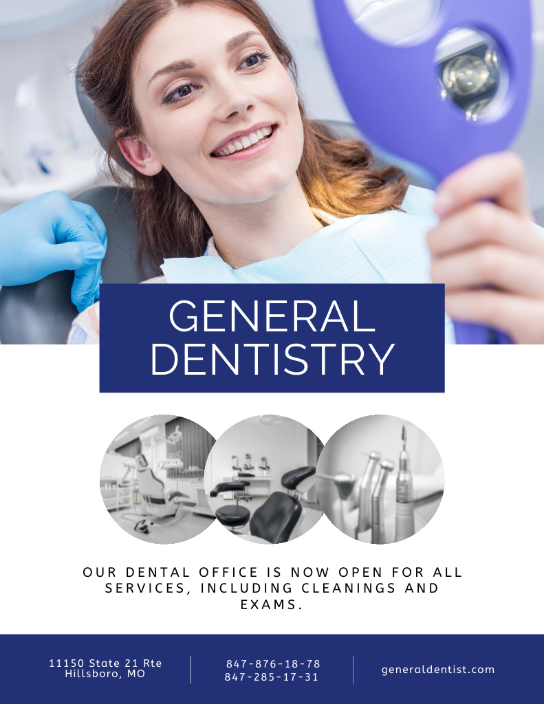 Young Woman Looking into Mirror in Dental Office Poster 8.5x11in Modelo de Design