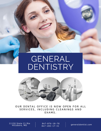 Young Woman Looking into Mirror in Dental Office Poster 8.5x11in Design Template