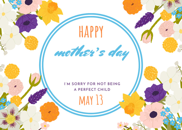 Template di design Happy Mother's Day Greeting With Illustrated Colorful Flowers Postcard 5x7in
