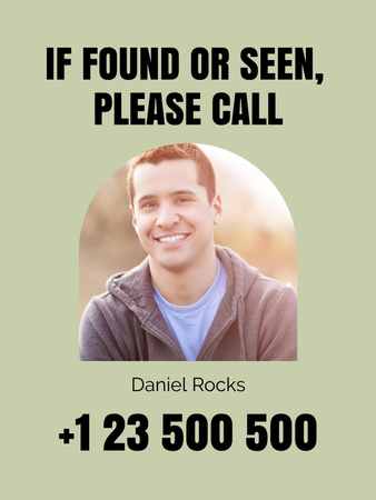 Designvorlage Ankündigung der vermissten Person mit lächelndem jungen Mann für Poster US