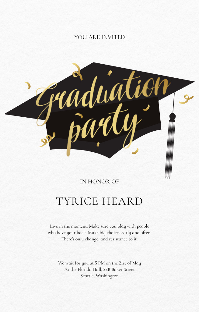 Graduation Party Celebration with Black Hat Invitation 4.6x7.2in Design Template