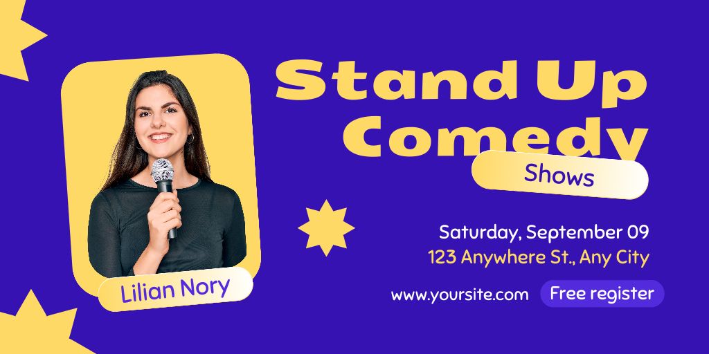 Template di design Announcement of Standup Comedy Show with Woman on Blue Twitter