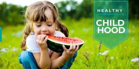 Little Girl Eating Watermelon Slice In Field Image Design Template
