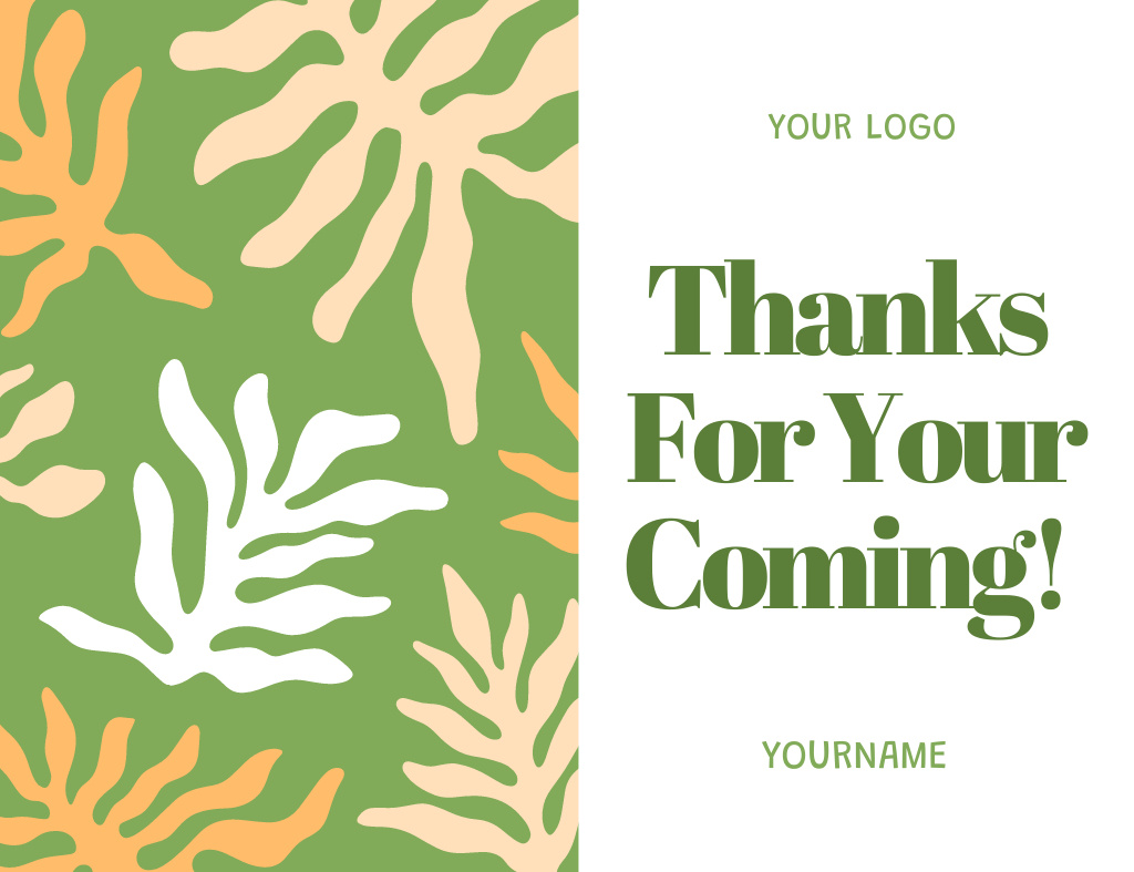 Thank You For Coming Notice with Abstract Tropical Leaves Thank You Card 5.5x4in Horizontal Design Template