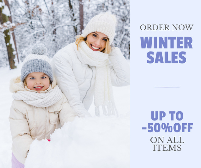 Template di design Winter Sale Ad with Cute Mom and Daughter Facebook