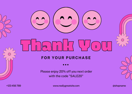 Thank You For Your Purchase Message with Emoji Faces and Flowers Card Design Template