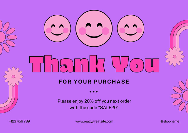 Thank You For Your Purchase Message with Emoji Faces and Flowers Card Šablona návrhu