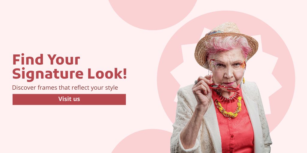Promo for Optical Store with Cute Old Lady in Hat Twitter Tasarım Şablonu