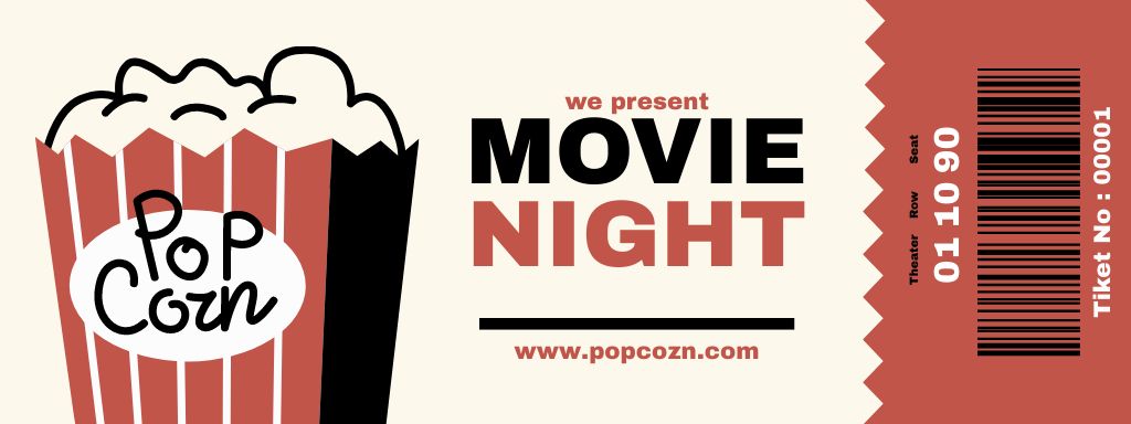 Ontwerpsjabloon van Ticket van Movie Night Announcement with Popcorn