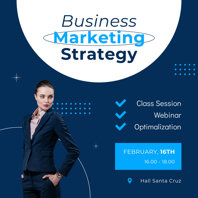 Business and Marketing Strategy Training Ad on Blue LinkedIn post Modelo de Design
