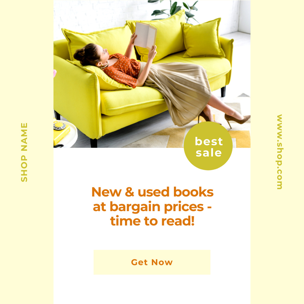 Woman Reading Book on Cozy Yellow Couch Instagramデザインテンプレート
