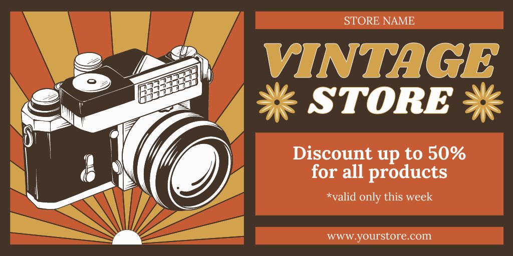 Retro Camera With Discount In Antique Shop Offer Twitter Šablona návrhu