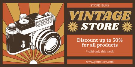 Retro Camera With Discount In Antique Shop Offer Twitter Design Template