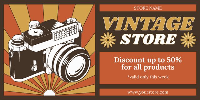 Retro Camera With Discount In Antique Shop Offer Twitter Design Template