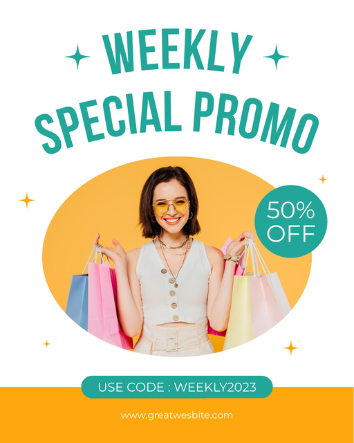 Special Promo with Young Woman holding Shopping Bags Instagram Post Vertical Modelo de Design