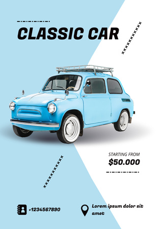 Car Sale Advertisement with Classic Car in Blue Poster Modelo de Design