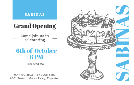 Designvorlage Skizze eines festlichen, köstlichen Kuchens zur Café-Eröffnung für Invitation 4.6x7.2in Horizontal