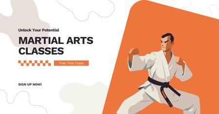 Designvorlage Kampfsportunterricht mit kreativer Illustration eines Karatekämpfers für Facebook AD