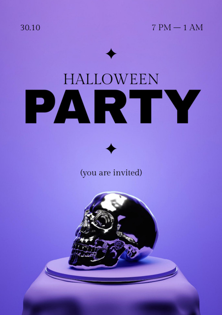 Halloween Party Offer with Silver Skull Flyer A7 Design Template