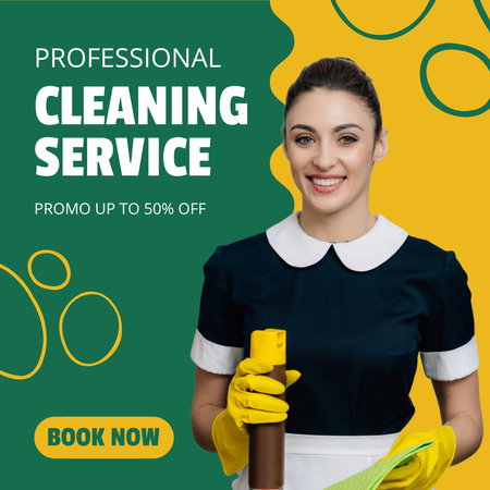 Cleaning Services Sale Offer with Smiling Woman In Green Instagram AD Design Template