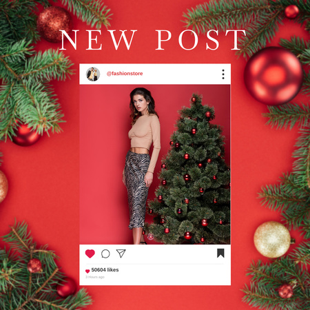 Ontwerpsjabloon van Instagram van meisje in de buurt van kerstboom