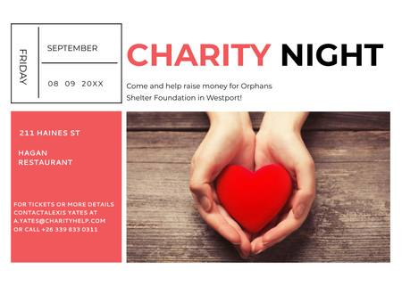 Anúncio de evento beneficente com as mãos segurando um coração vermelho Flyer 5x7in Horizontal Modelo de Design