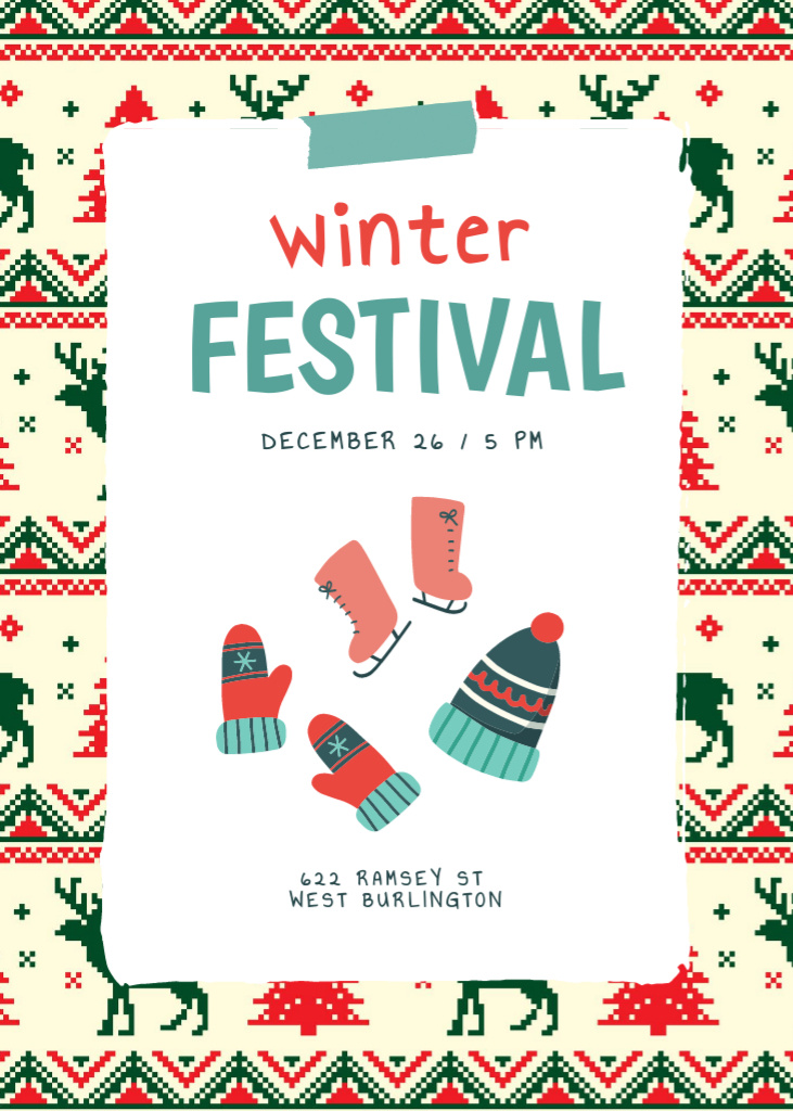 Plantilla de diseño de Winter Festival Announcement with Pattern of Knitted Sweater Invitation 