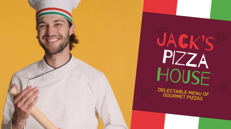 Designvorlage Koch mit Nudelholz und Pizzeria bieten Gourmet-Pizza an für Full HD video