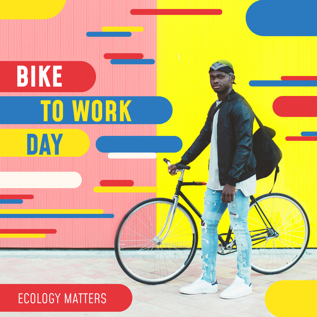 Bike to Work Day Man with Bicycle in City Instagram Design Template