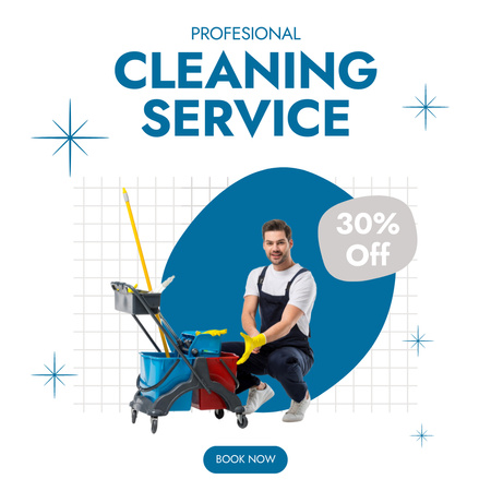 Cleaning Services Offer with Man in Uniform with Supplies Instagram AD Design Template