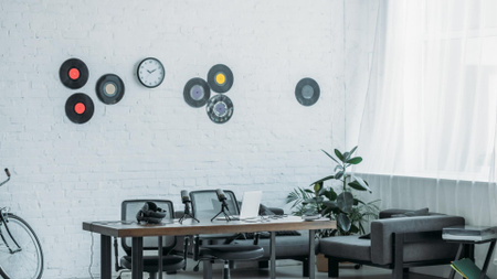 Ontwerpsjabloon van Zoom Background van Modern Interior of Home Workplace with bike and vinyls