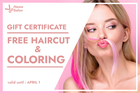 Designvorlage Angebot eines kostenlosen Haarschnitts und Färbens im Schönheitssalon für Gift Certificate