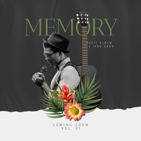 Plantilla de diseño de Collage de flores, guitarra y hombre con micrófono y títulos. Album Cover 