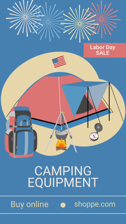Designvorlage Verkauf von langlebiger Campingausrüstung und Glückwunsch zum Tag der Arbeit für Instagram Story