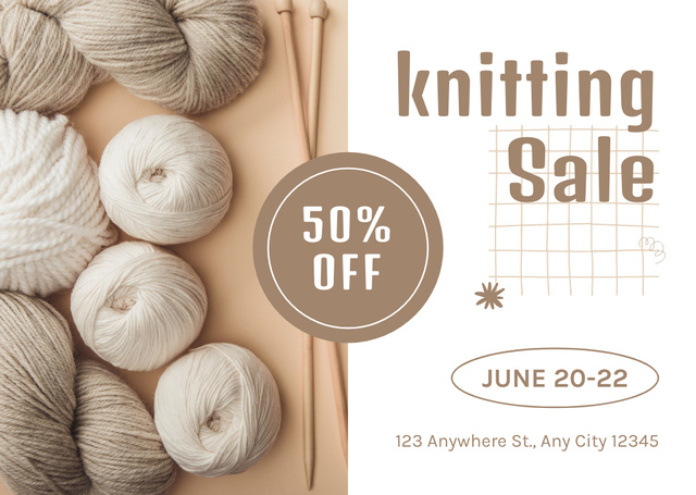 Exclusive Knitting Sale Offer With Skeins Of Yarn Card Design Template