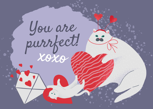 Plantilla de diseño de Happy Valentine's Day Greetings with Cute White Cats Card 