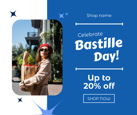 Bastille Day Sale with Attractive Young Woman Facebook Design Template