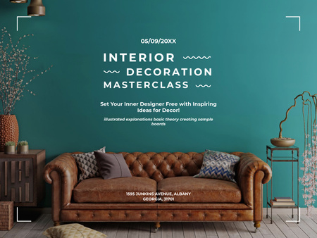 Interior Design Masterclass Announcement with Vintage Sofa Poster 18x24in Horizontal Design Template