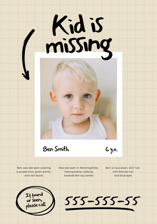 Appeal for Help in the Search for Missing Little Boy With Telephone Number Poster 28x40in Design Template