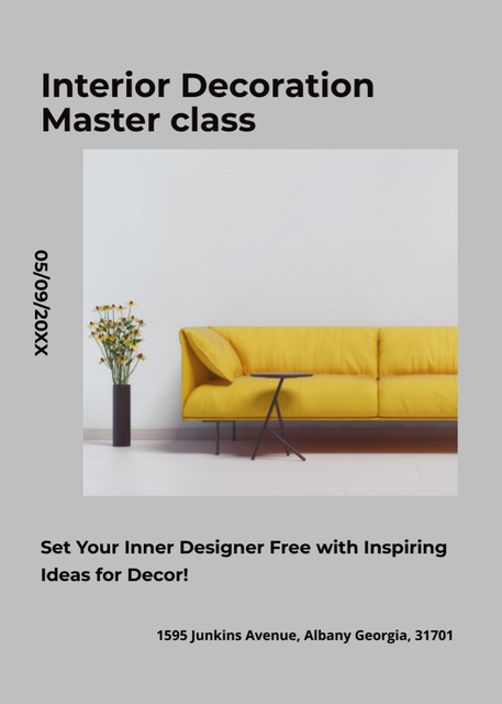 Plantilla de diseño de Interior Decoration Masterclass Announcement with Sofa in Yellow Flayer 