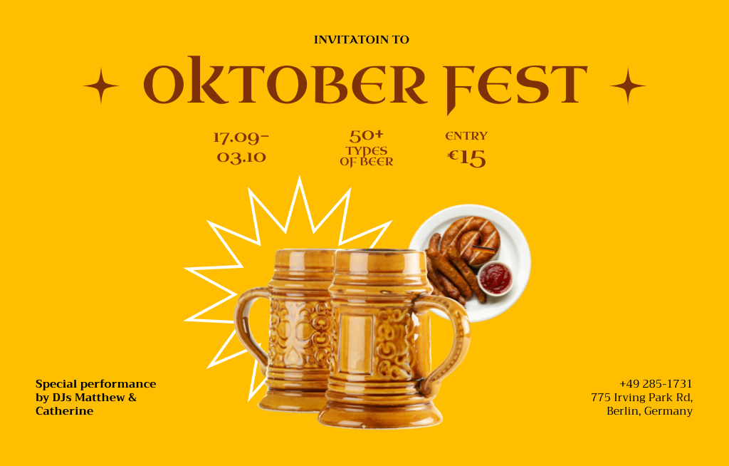 Oktoberfest With Sausages And Beer Invitation 4.6x7.2in Horizontal Tasarım Şablonu