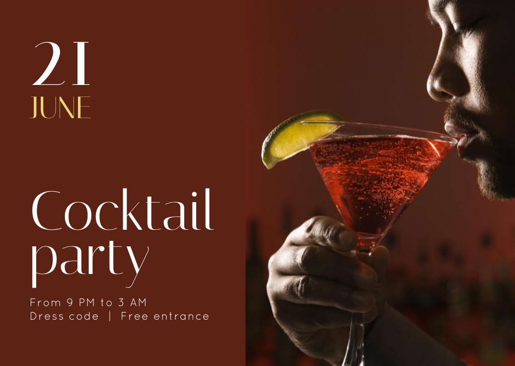 Plantilla de diseño de Announcement of Cocktail Party with Man drinking Flyer A6 Horizontal 