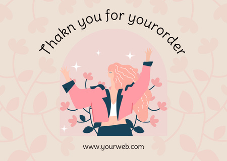 Thank You Message with Woman and Pink Flowers Card Design Template