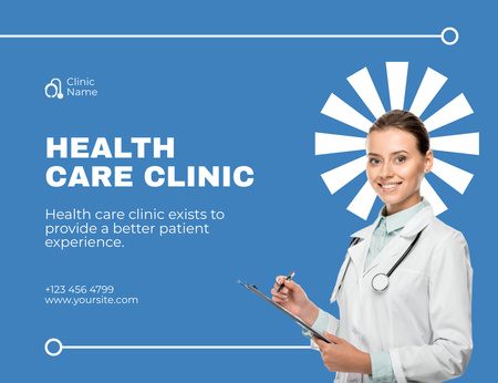 Designvorlage Anzeige einer Gesundheitsklinik mit freundlichem Arzt für Thank You Card 5.5x4in Horizontal